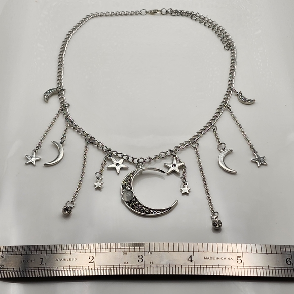 Silver Crescent Moon Star Necklace - Picture 8 of 9